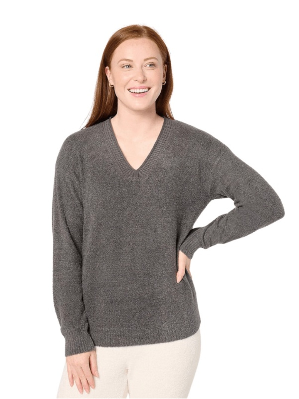 Barefoot Dreams V-Neck CozyChic Lite Core Spun Pullover Carbon Grey Charcoal 2X
